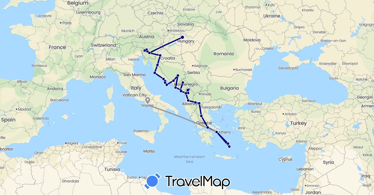 TravelMap itinerary: driving, plane in Albania, Bosnia and Herzegovina, Greece, Croatia, Hungary, Italy, Montenegro, Macedonia, Slovenia (Europe)