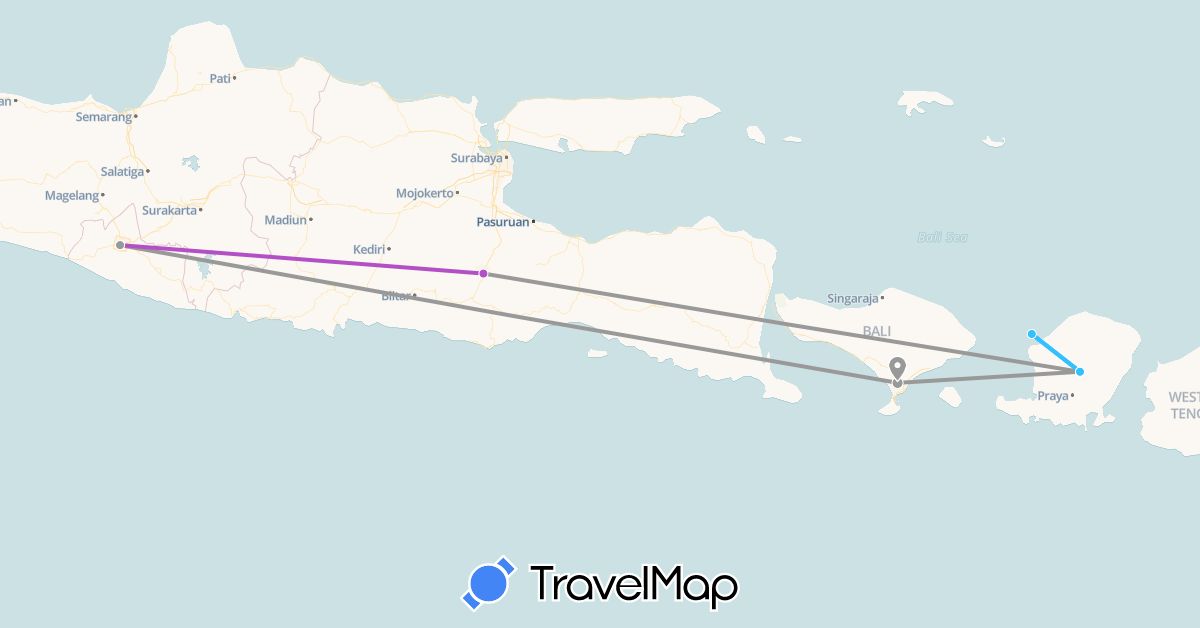 TravelMap itinerary: plane, train, boat in Indonesia (Asia)